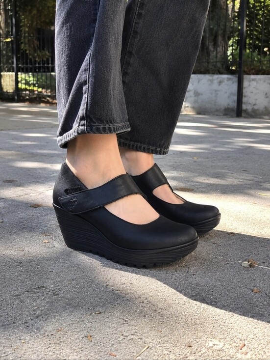 Fly London Shoes - FLY London YASI Black Leather Mary Jane Platform Wedge Shoes